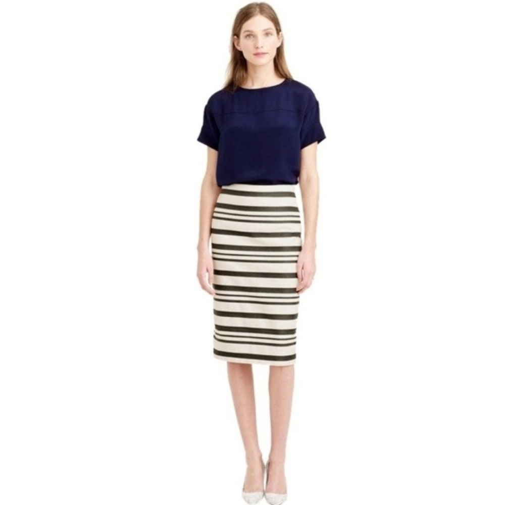 J. Crew Double Stripe Pencil Skirt Career Business Casual Black Cream 2 Preppy